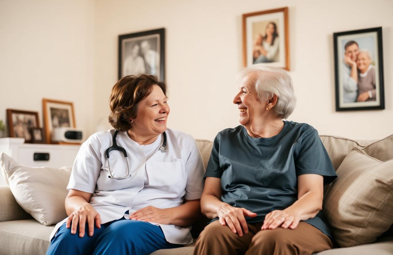 A caregiver sitting and laughing with an elderly resident in a calm, homelike living room