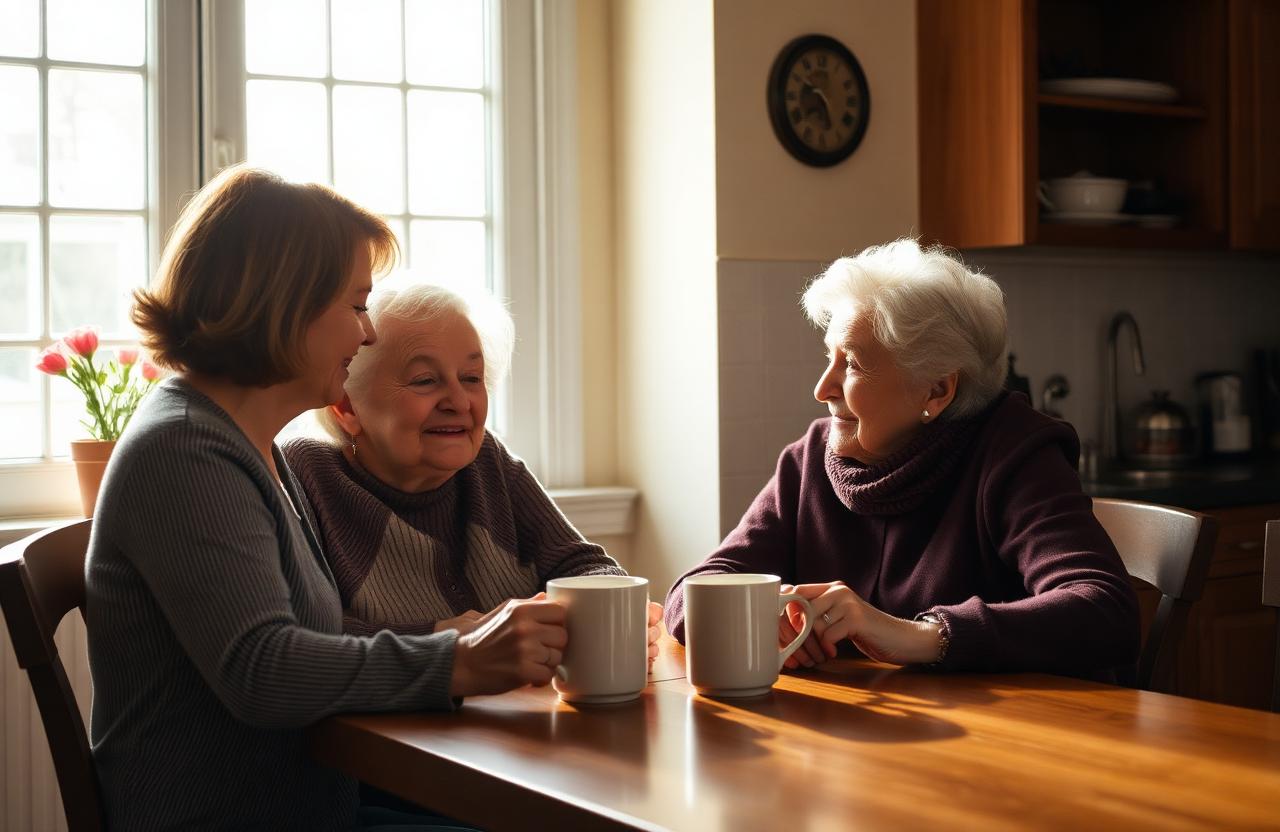 An adult daughter sitting with her elderly mother at a kitchen table, talking gently