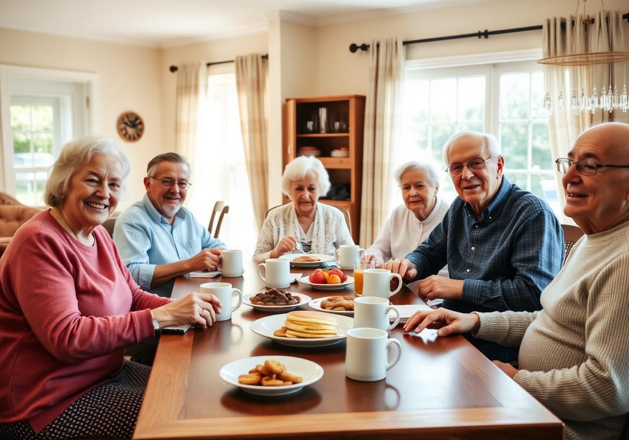 Residents sharing breakfast at a family dining table in a sunlit kitchen