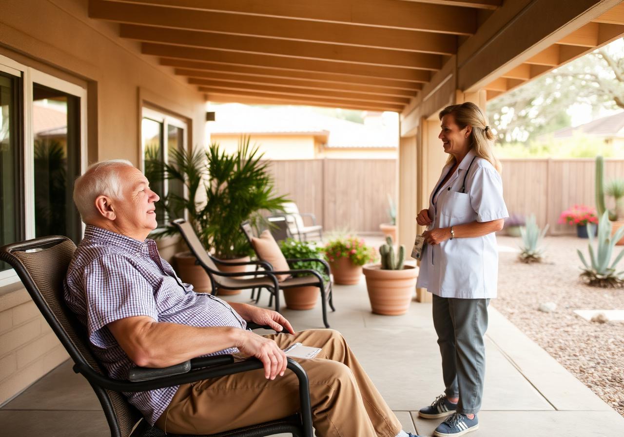 A resident relaxing on a covered patio with a caregiver chatting nearby